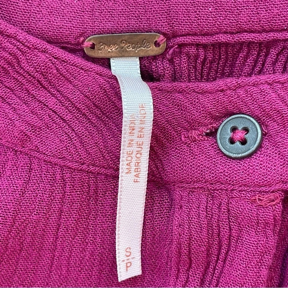 Free People Berry Pink Pleated Back Button Front Long Sleeve Blouse flare size S - Picture 7 of 9